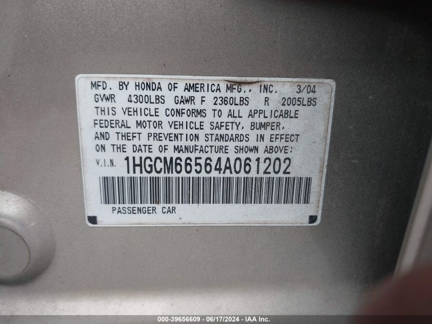 2004 Honda Accord 3.0 Ex VIN: 1HGCM66564A061202 Lot: 39656609