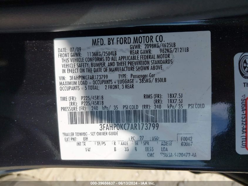 2010 Ford Fusion Sport VIN: 3FAHP0KC7AR173799 Lot: 39656637