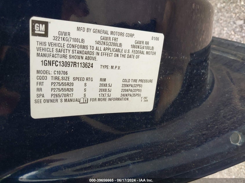 2007 Chevrolet Tahoe Ltz VIN: 1GNFC13097R113624 Lot: 39656665