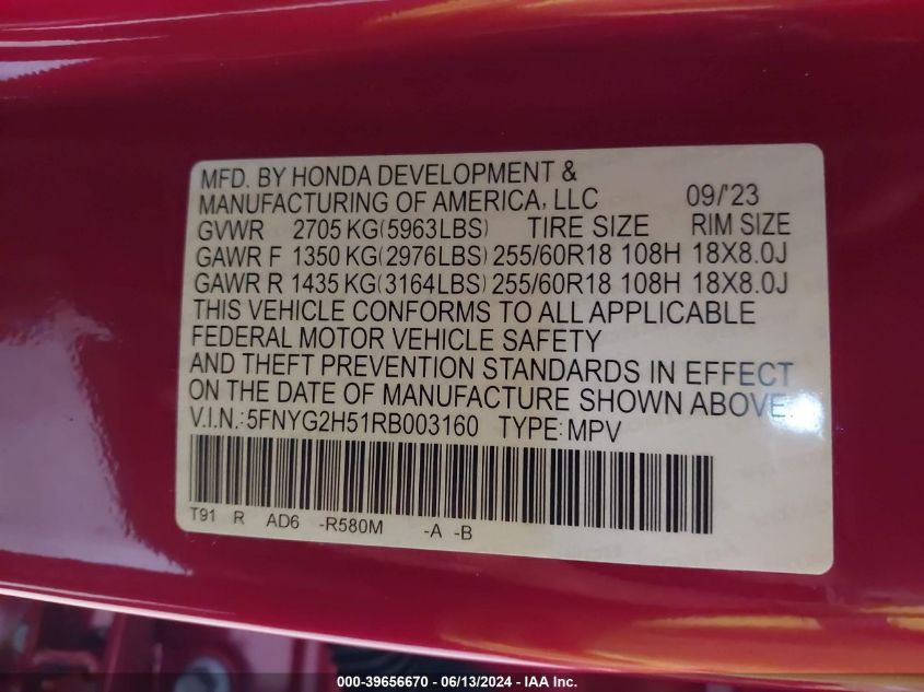 2024 Honda Pilot 2Wd Ex-L 7 Passenger VIN: 5FNYG2H51RB003160 Lot: 39656670