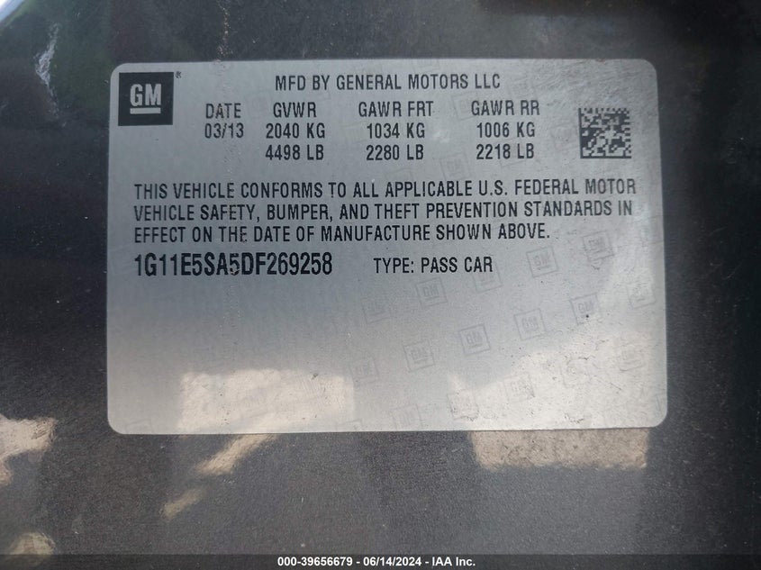2013 Chevrolet Malibu 2Lt VIN: 1G11E5SA5DF269258 Lot: 39656679