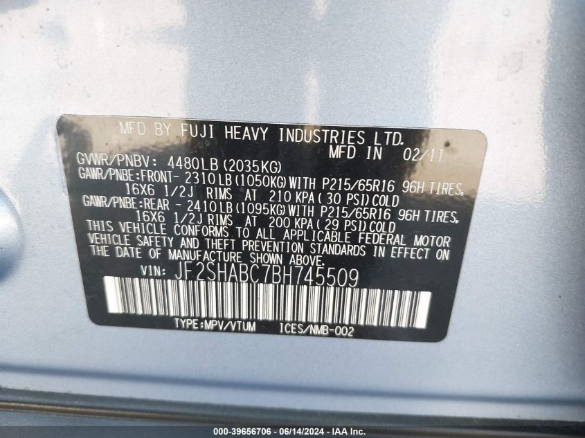 2011 Subaru Forester 2.5X VIN: JF2SHABC7BH745509 Lot: 39656706