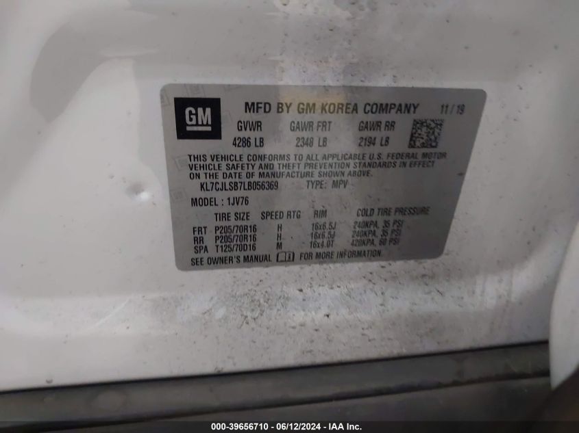 2020 Chevrolet Trax Fwd Lt VIN: KL7CJLSB7LB056369 Lot: 39656710