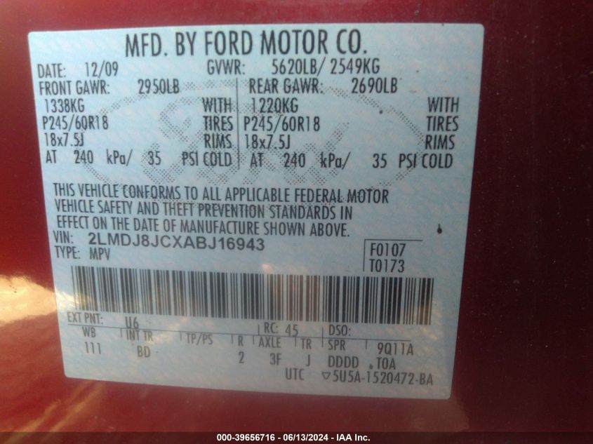 2010 Lincoln Mkx VIN: 2LMDJ8JCXABJ16943 Lot: 39656716