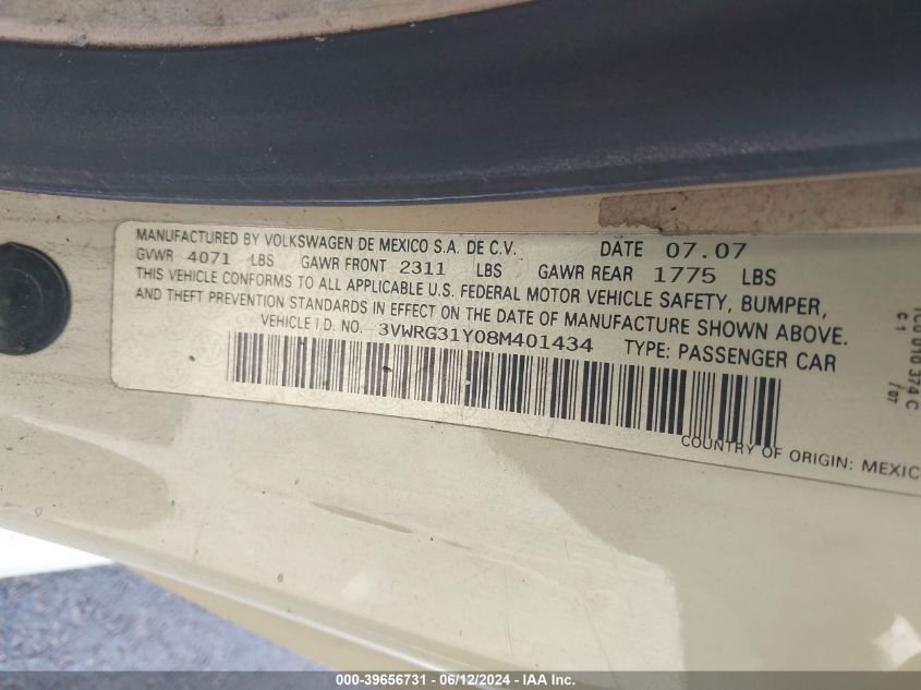 2008 Volkswagen New Beetle Se VIN: 3VWRG31Y08M401434 Lot: 39656731