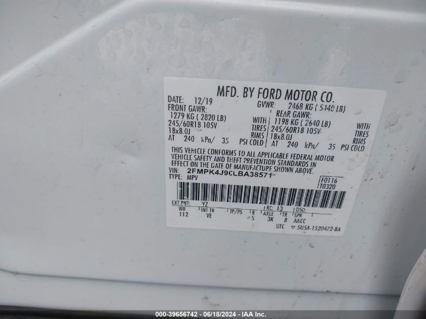 2020 Ford Edge Sel VIN: 2FMPK4J96LBA38571 Lot: 39656742