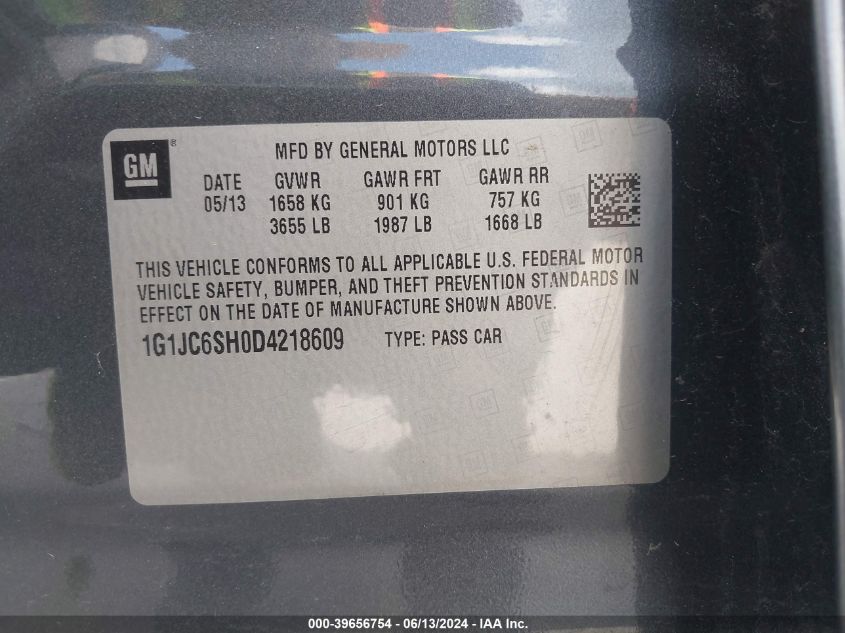 2013 Chevrolet Sonic Lt Auto VIN: 1G1JC6SH0D4218609 Lot: 39656754