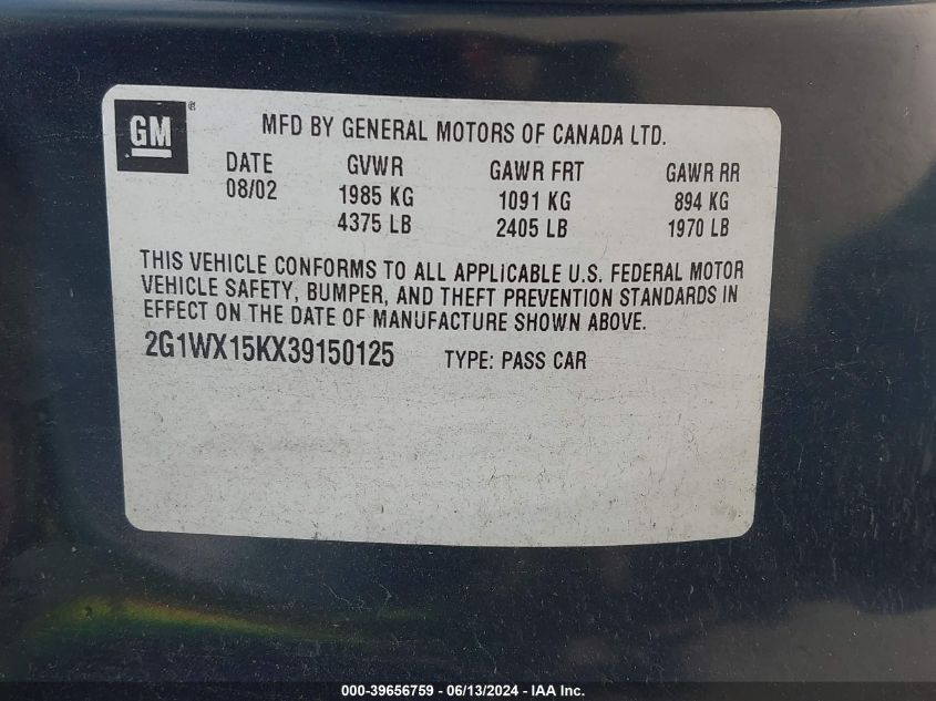 2003 Chevrolet Monte Carlo Ss VIN: 2G1WX15KX39150125 Lot: 39656759