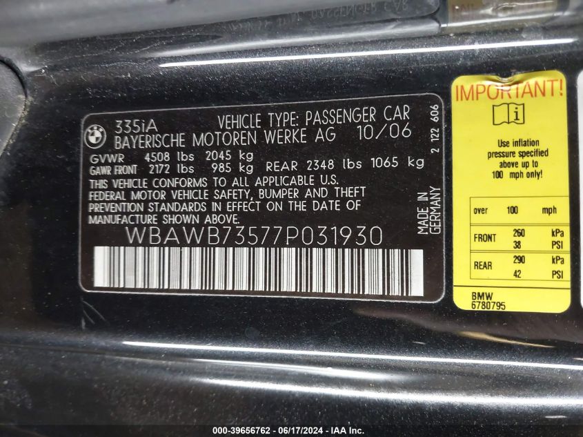 2007 BMW 335I VIN: WBAWB73577P031930 Lot: 39656762