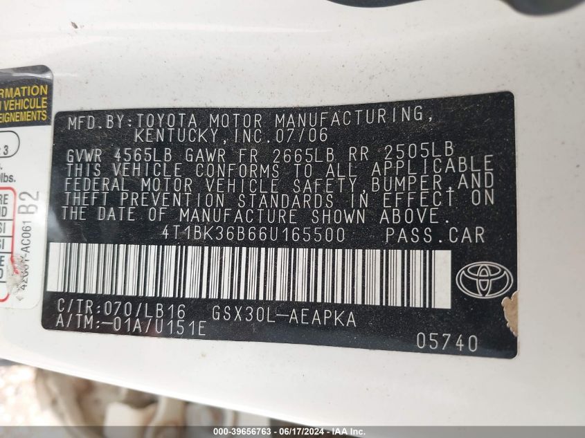 2006 Toyota Avalon Limited VIN: 4T1BK36B66U165500 Lot: 39656763