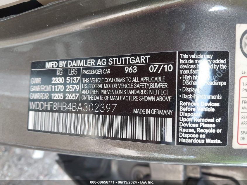 2011 Mercedes-Benz E 350 4Matic VIN: WDDHF8HB4BA302397 Lot: 39656771