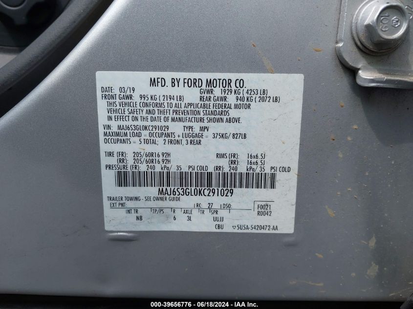 2019 Ford Ecosport Se VIN: MAJ6S3GL0KC291029 Lot: 39656776