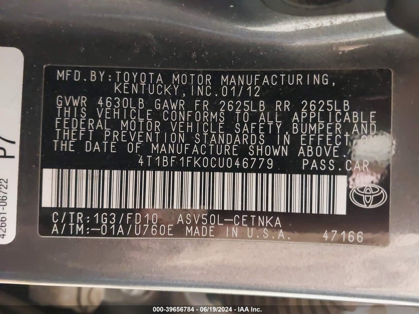 2012 Toyota Camry Le VIN: 4T1BF1FK0CU046779 Lot: 39656784