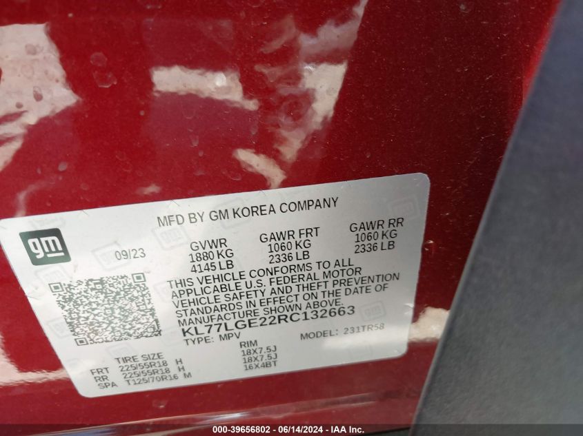 2024 Chevrolet Trax Fwd 1Rs VIN: KL77LGE22RC132663 Lot: 39656802