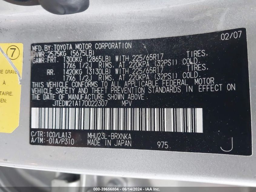 2007 Toyota Highlander Hybrid Limited V6 VIN: JTEDW21A170022307 Lot: 39656804