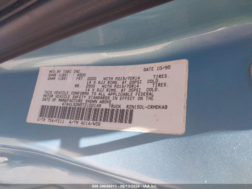 1996 Toyota Tacoma Xtracab VIN: 4TAVL52N5TZ102148 Lot: 39656811