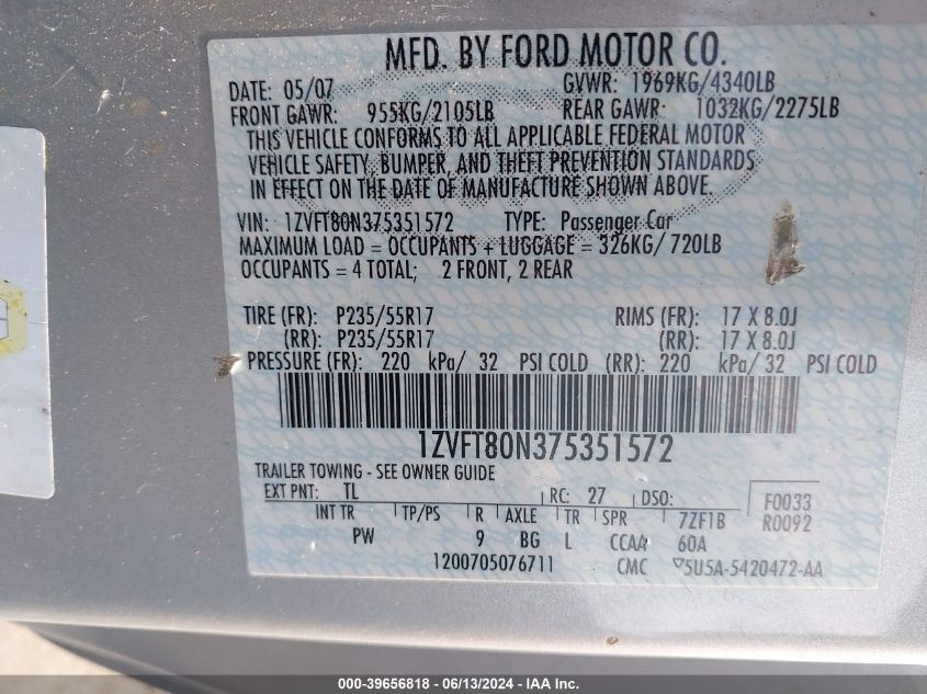 2007 Ford Mustang V6 Deluxe/V6 Premium VIN: 1ZVFT80N375351572 Lot: 39656818