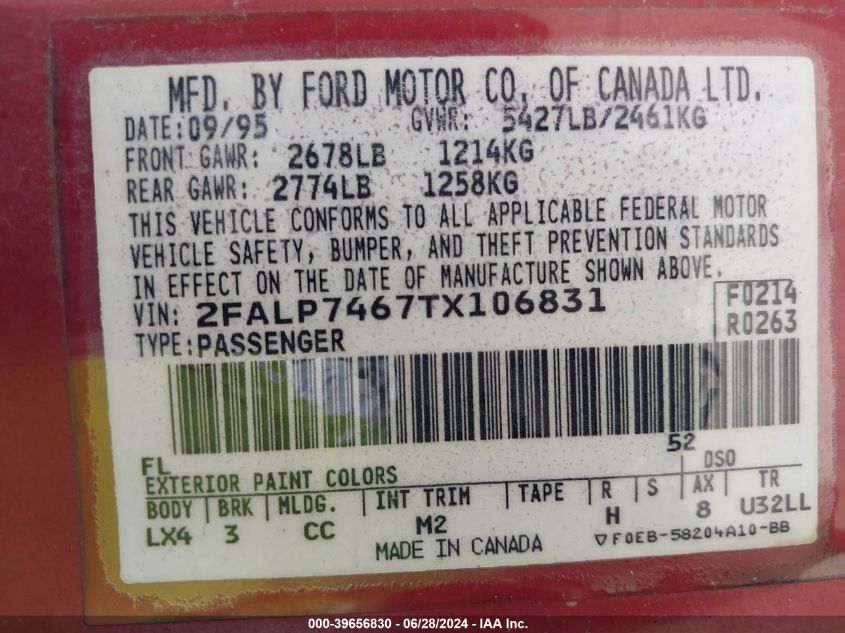 1996 Ford Crown Victoria Lx VIN: 2FALP7467TX106831 Lot: 39656830