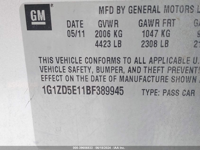 1G1ZD5E11BF389945 2011 Chevrolet Malibu 2Lt