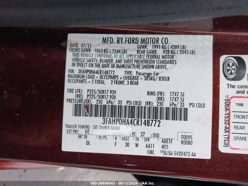 2012 Ford Fusion Se VIN: 3FAHP0HA4CR148772 Lot: 39656843
