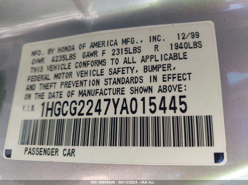2000 Honda Accord 3.0 Lx VIN: 1HGCG2247YA015445 Lot: 39656849