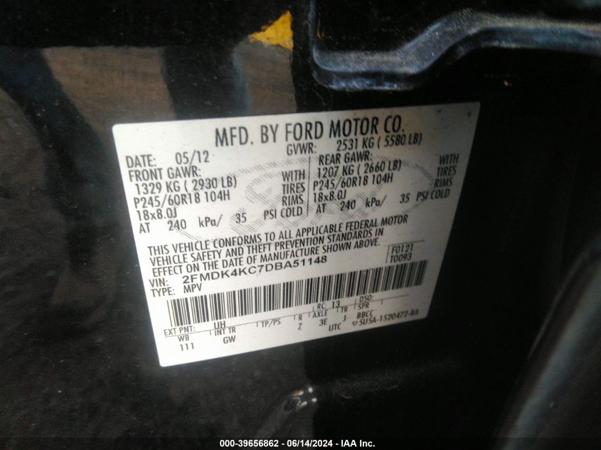 2013 Ford Edge Limited VIN: 2FMDK4KC7DBA51148 Lot: 39656862