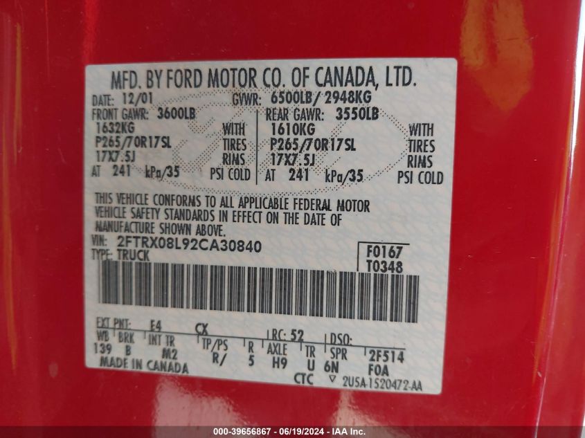 2002 Ford F-150 Lariat/Xl/Xlt VIN: 2FTRX08L92CA30840 Lot: 39656867