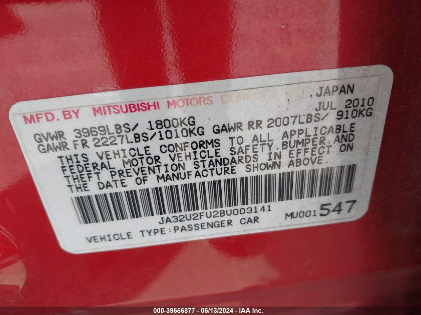 2011 Mitsubishi Lancer Es VIN: JA32U2FU2BU003141 Lot: 39656877