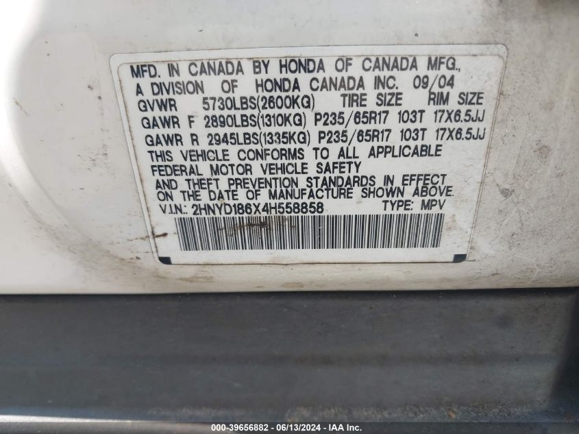 2004 Acura Mdx VIN: 2HNYD186X4H558858 Lot: 39656882