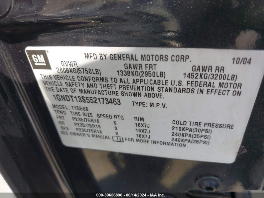 2005 Chevrolet Trailblazer Ls VIN: 1GNDT13S552173463 Lot: 39656890