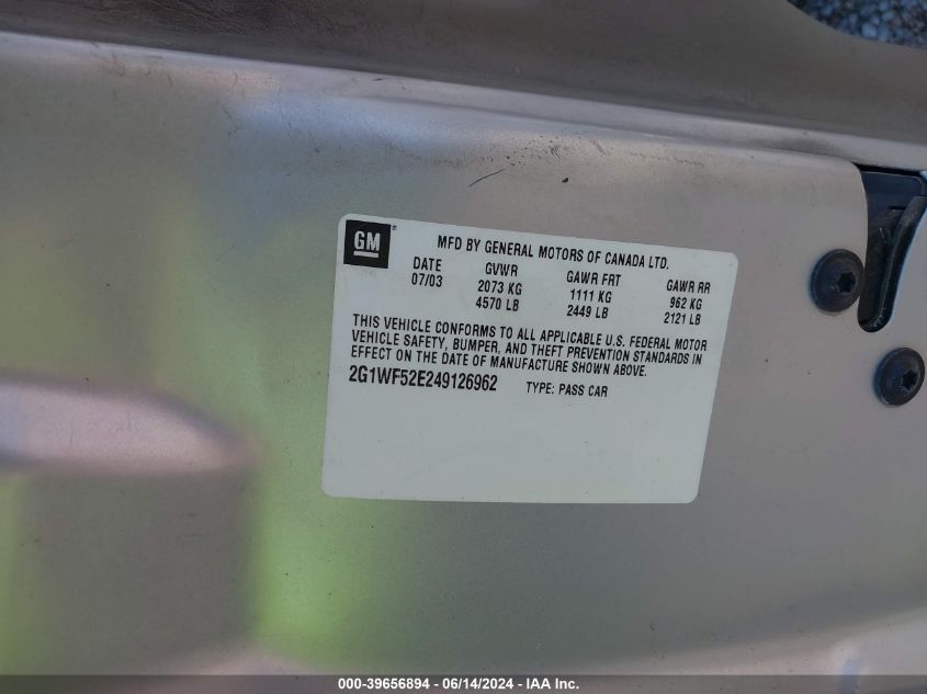 2004 Chevrolet Impala VIN: 2G1WF52E249126962 Lot: 39656894