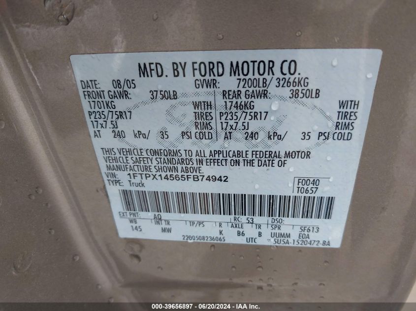 2005 Ford F-150 Fx4/Lariat/Xl/Xlt VIN: 1FTPX14565FB74942 Lot: 39656897