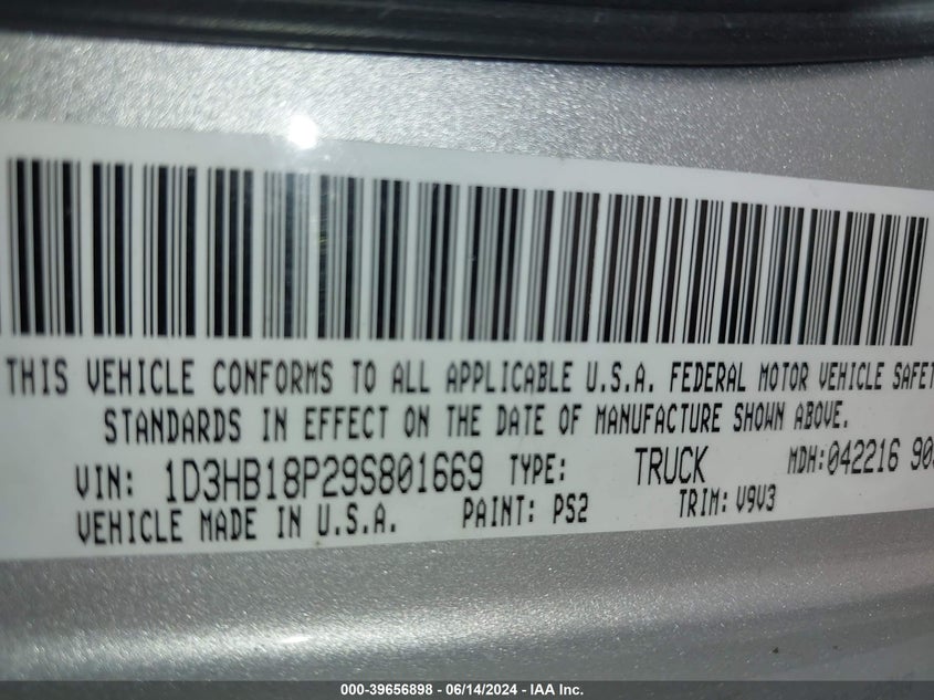2009 Dodge Ram 1500 Slt/Sport/Trx VIN: 1D3HB18P29S801669 Lot: 39656898