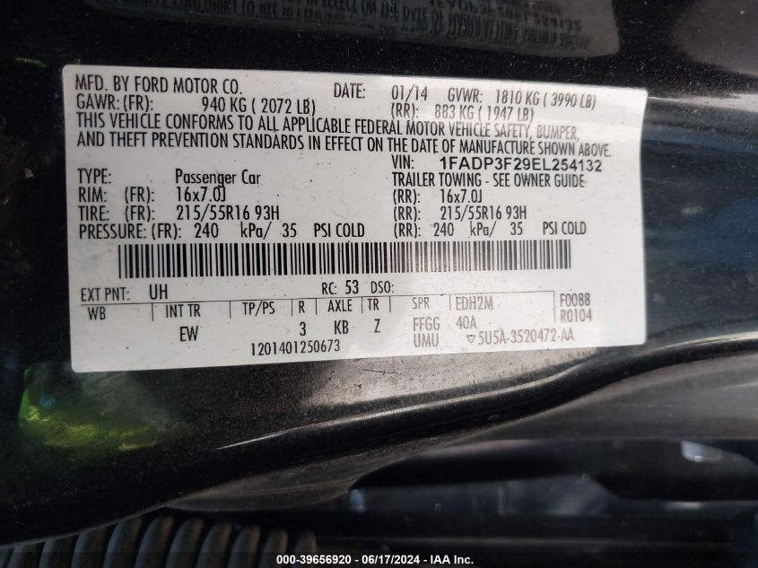 2014 Ford Focus Se VIN: 1FADP3F29EL254132 Lot: 39656920