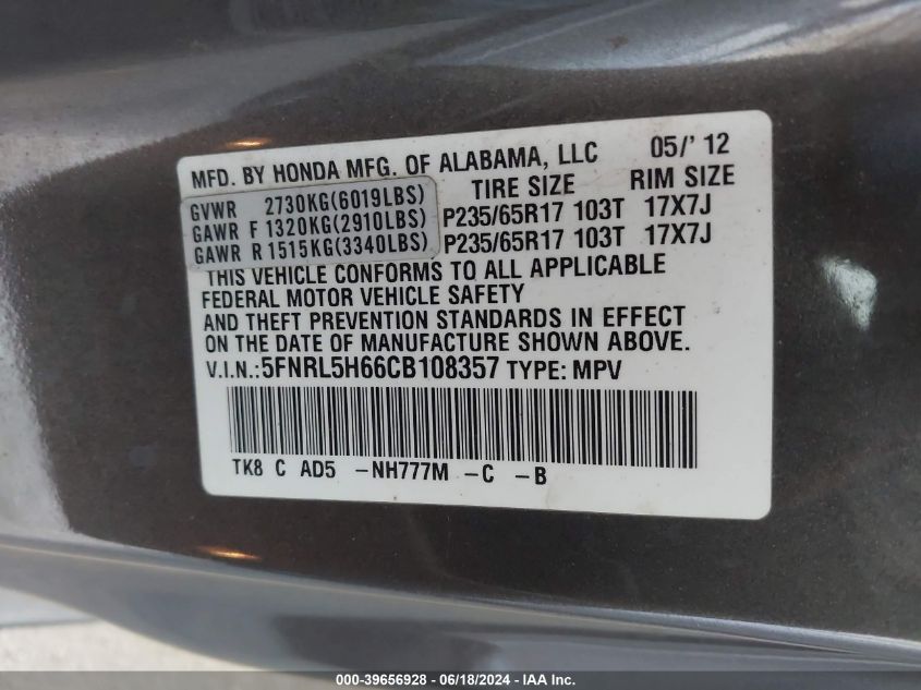 2012 Honda Odyssey Ex-L VIN: 5FNRL5H66CB108357 Lot: 39656928