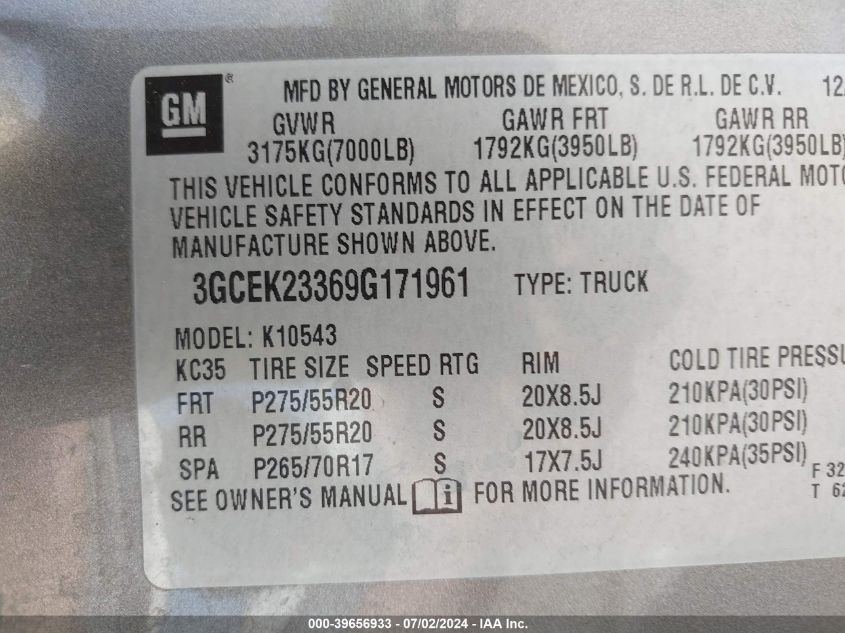 2009 Chevrolet Silverado 1500 Lt VIN: 3GCEK23369G171961 Lot: 39656933