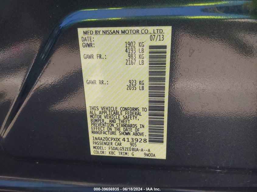 2013 Nissan Leaf Sl VIN: 1N4AZ0CPXDC413928 Lot: 39656935