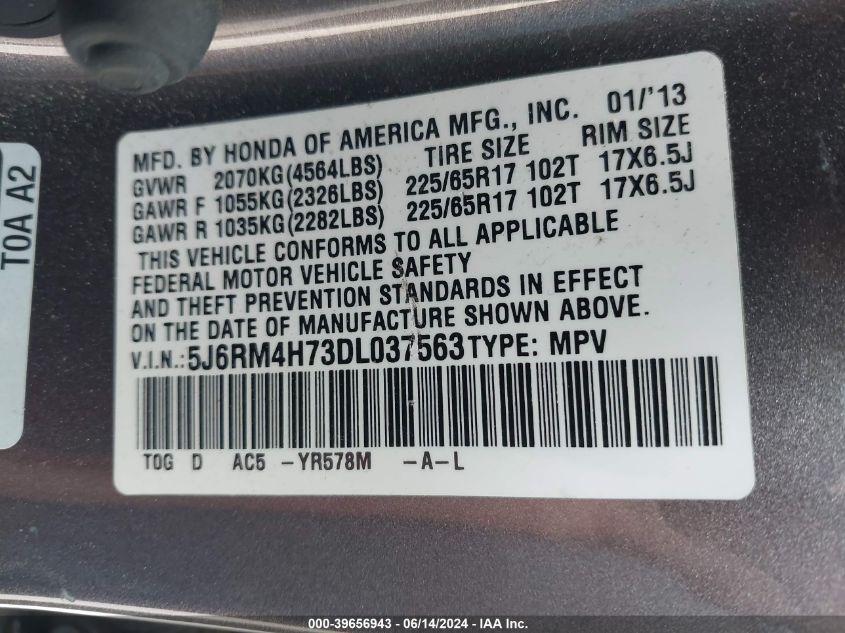 2013 Honda Cr-V Ex-L VIN: 5J6RM4H73DL037563 Lot: 39656943