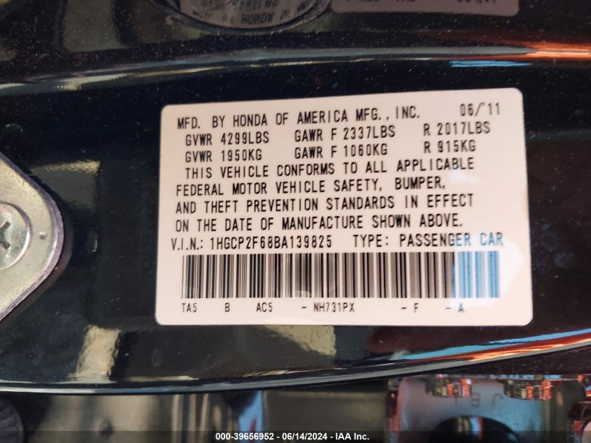 2011 Honda Accord 2.4 Se VIN: 1HGCP2F68BA139825 Lot: 39656952