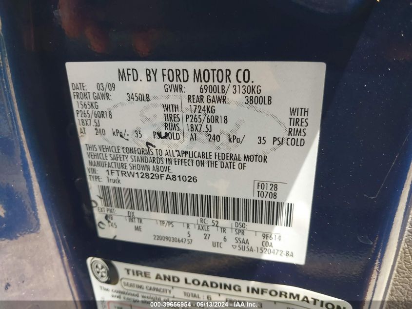 2009 Ford F-150 Xl/Xlt VIN: 1FTRW12829FA81026 Lot: 39656954