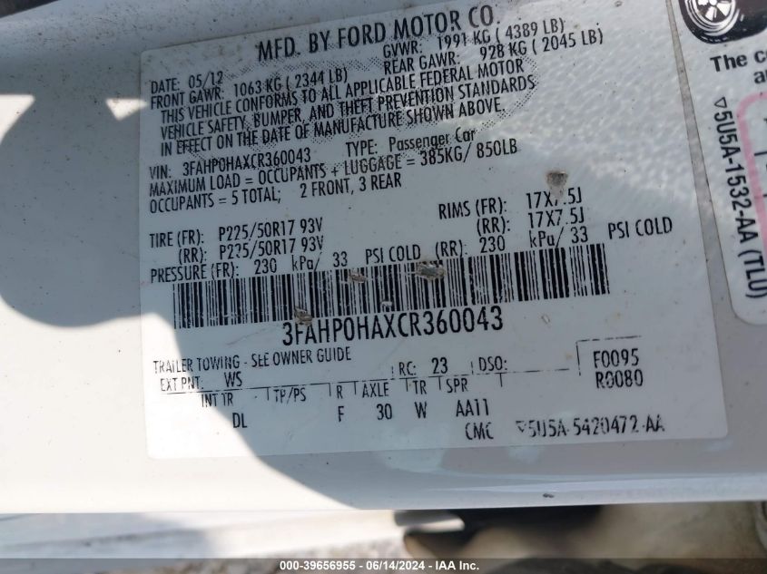 2012 Ford Fusion Se VIN: 3FAHP0HAXCR360043 Lot: 39656955