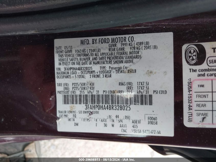 2011 Ford Fusion Se VIN: 3FAHP0HA4BR328025 Lot: 39656973