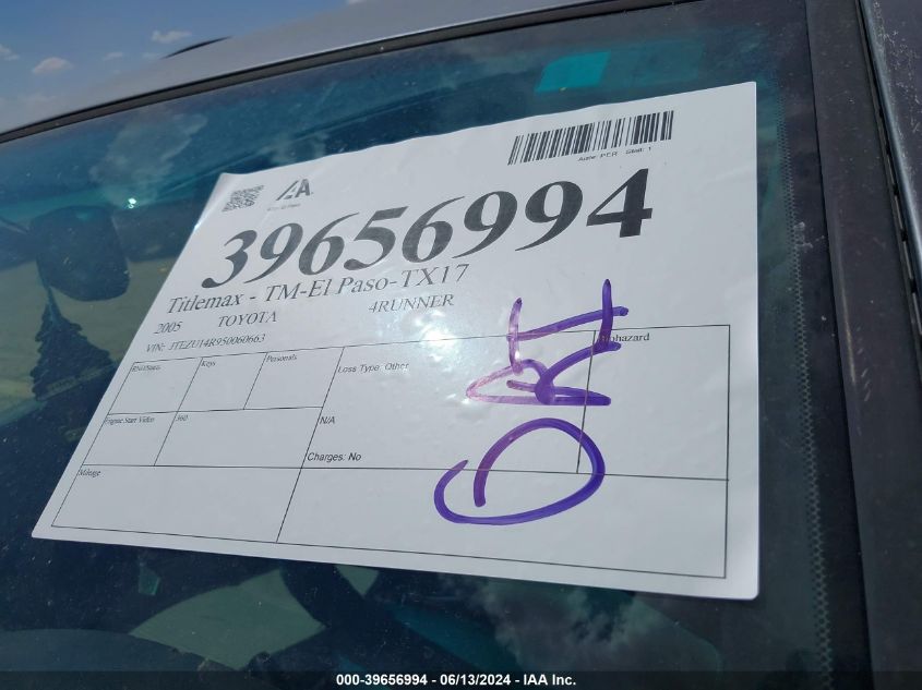 2005 Toyota 4Runner Sr5 V6 VIN: JTEZU14R950060663 Lot: 39656994