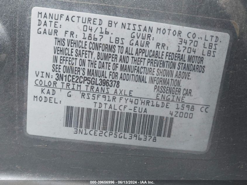 2016 Nissan Versa Note S (Sr) VIN: 3N1CE2CP5GL396378 Lot: 39656996