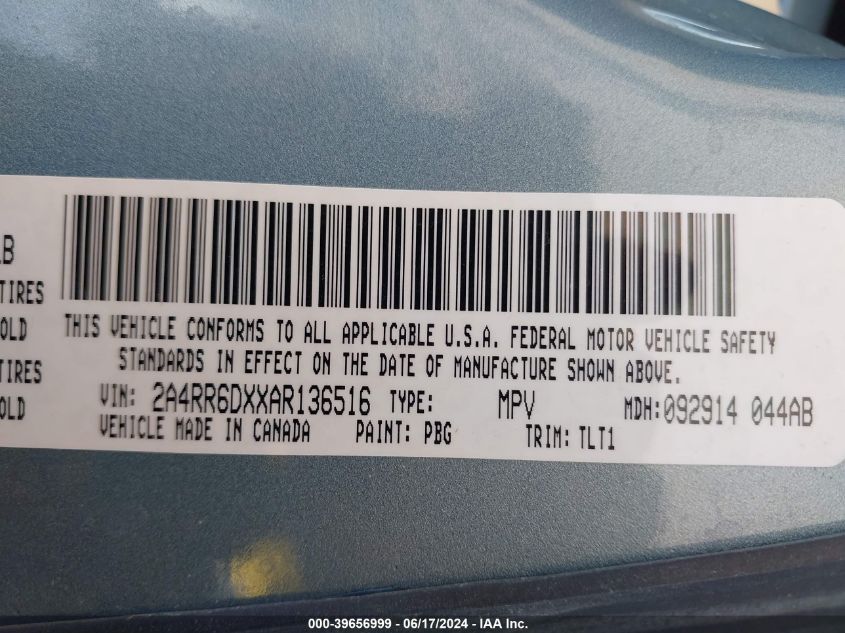 2010 Chrysler Town & Country Limited VIN: 2A4RR6DXXAR136516 Lot: 39656999