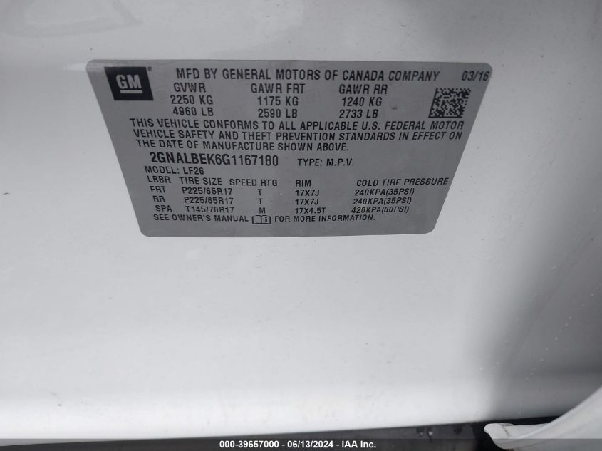 2016 Chevrolet Equinox Ls VIN: 2GNALBEK6G1167180 Lot: 39657000