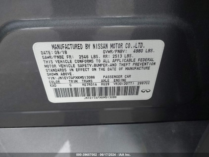 2019 Infiniti Q50 3.0T Luxe VIN: JN1EV7APXKM513086 Lot: 39657002