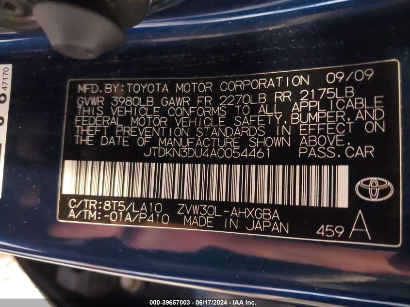 2010 Toyota Prius Iv VIN: JTDKN3DU4A0054461 Lot: 39657003