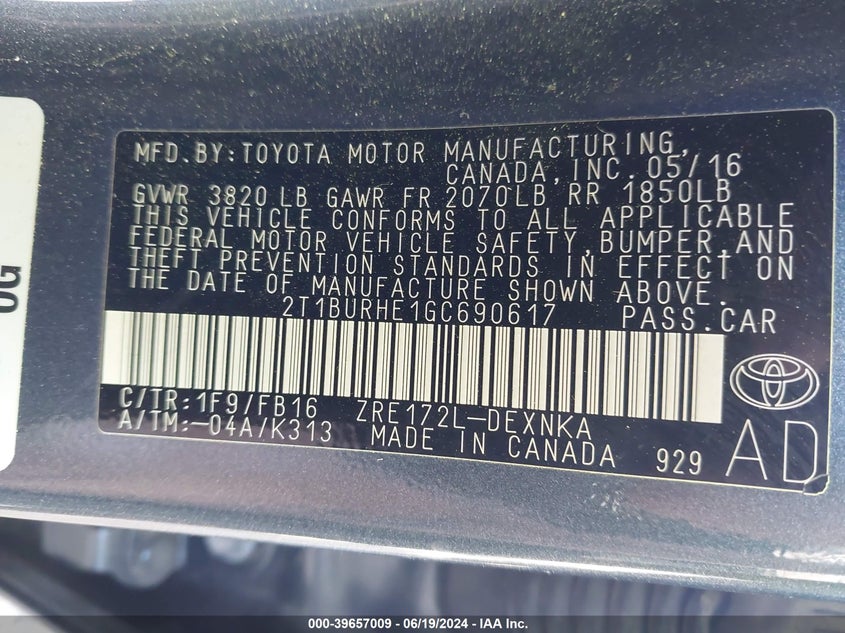 2016 Toyota Corolla L/Le/Le Pls/Prm/S/S Pls VIN: 2T1BURHE1GC690617 Lot: 39657009