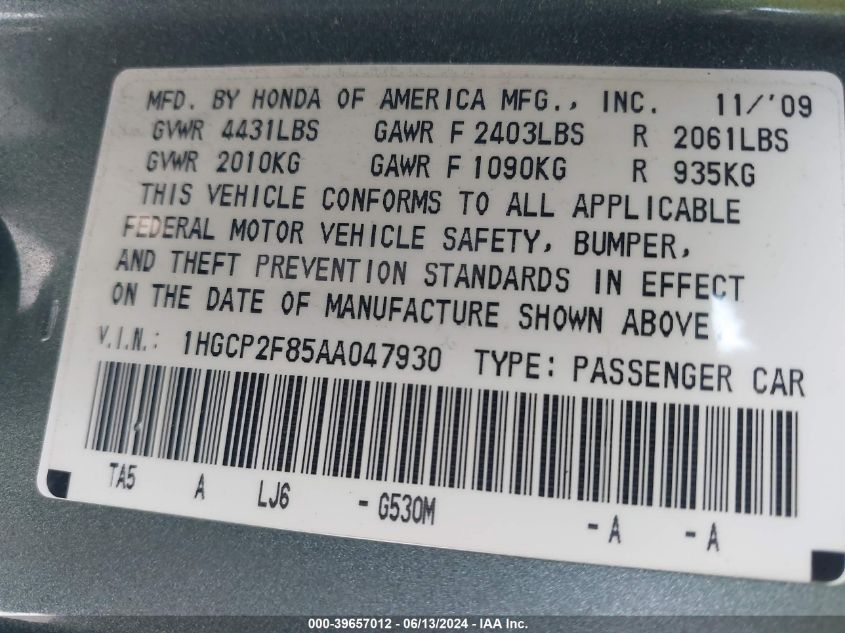 2010 Honda Accord 2.4 Ex-L VIN: 1HGCP2F85AA047930 Lot: 39657012
